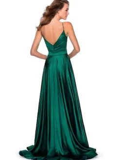 Forest Green Bridesmaid Dress A-Line Floor-Length Backless Elastic Silk Like Satin V-Neck Formal Gowns