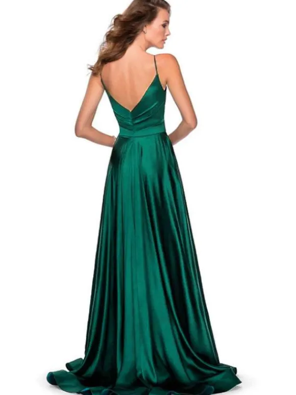 Forest Green Bridesmaid Dress A-Line Floor-Length Backless Elastic Silk Like Satin V-Neck Formal Gowns