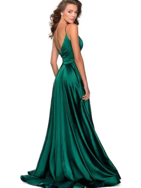 Forest Green Bridesmaid Dress A-Line Floor-Length Backless Elastic Silk Like Satin V-Neck Formal Gowns