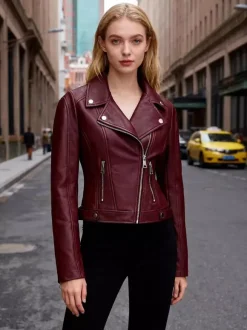 Four Color Cropped Moto Jacket Lapel Diagonal Zip Slim Fit Long Sleeve Outerwear