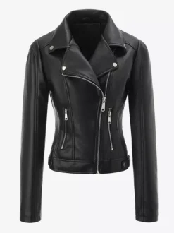 Four Color Cropped Moto Jacket Lapel Diagonal Zip Slim Fit Long Sleeve Outerwear
