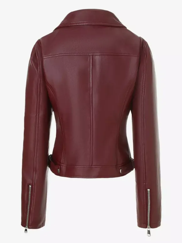 Four Color Cropped Moto Jacket Lapel Diagonal Zip Slim Fit Long Sleeve Outerwear