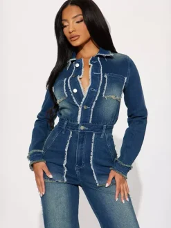 Frayed Trim Denim Jumpsuit For Women - Raw Edge Distressed Wide Leg Bodycon Jean Romper - Spring Casual Streetwear 2026