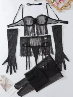 Fringe Lingerie Sexy Black 6-Piece Sexy Lace See-Through Tassel Hollow Bra Panty Sets