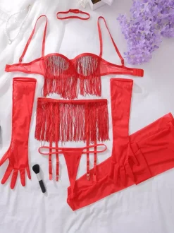 Fringe Lingerie Sexy Black 6-Piece Sexy Lace See-Through Tassel Hollow Bra Panty Sets