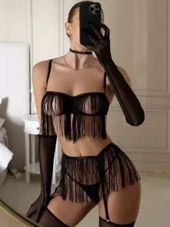 Fringe Lingerie Sexy Black 6-Piece Sexy Lace See-Through Tassel Hollow Bra Panty Sets