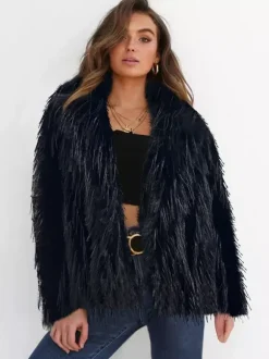Fringed Faux Fur Coats Notched Lapel Eco-friendly Winter Jacket For Women 2026