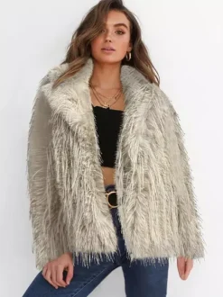Fringed Faux Fur Coats Notched Lapel Eco-friendly Winter Jacket For Women 2026