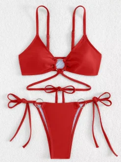 Front Ring Detail Solid Color Bikini With Adjustable Side Ties For Summer 2026