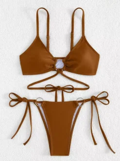 Front Ring Detail Solid Color Bikini With Adjustable Side Ties For Summer 2026