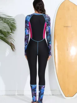Front Zip Colorful Floral Patchwork One Piece Full Body Rash Guard Swimsuit