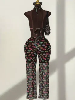 Fruit Print 3 Piece Swimwear Set For Women - Triangle Halter Bikini With Wide Leg Trousers Cover Up - Summer Resort 2026