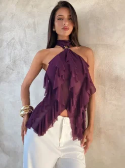 Fuchsia Cami Top Halter Ruffles Casual Sleeveless Women Camis