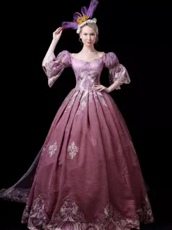 Fuchsia Pink Retro Tudor Dress Costumes Embroidered Polyester Dress Marie Antoinette Costume Women's Royal Tunic Party Prom Dress
