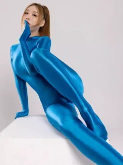 Full Body Spandex Zentai Suit Glossy Full Coverage Catsuit With Back Zipper
