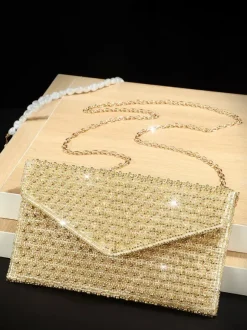 Full Rhinestone Envelope Clutch Bag Detachable Chain Strap Sparkly Evening Party Wedding Hand Purse