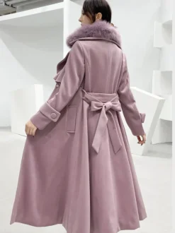Full Length Flared Woolen Coat White Faux Fur Collar Classic Lapel Belted Slim A-line Winter Maxi Coat 2026