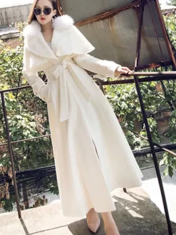 Full Length Flared Woolen Coat White Faux Fur Collar Classic Lapel Belted Slim A-line Winter Maxi Coat 2026
