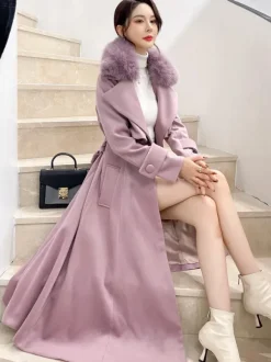 Full Length Flared Woolen Coat White Faux Fur Collar Classic Lapel Belted Slim A-line Winter Maxi Coat 2026