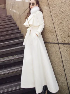 Full Length Flared Woolen Coat White Faux Fur Collar Classic Lapel Belted Slim A-line Winter Maxi Coat 2026