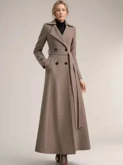 Full-length Woolen Coat For Women Wide Notched Lapel Double-breasted Belted Winter Outerwear In Solid Color 2026
