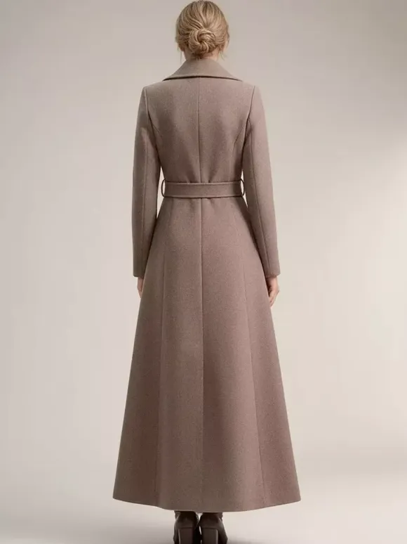 Full-length Woolen Coat For Women Wide Notched Lapel Double-breasted Belted Winter Outerwear In Solid Color 2026