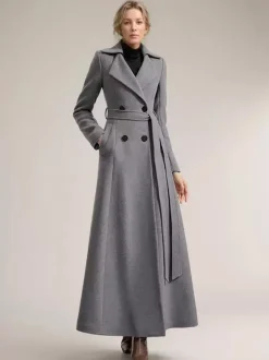 Full-length Woolen Coat For Women Wide Notched Lapel Double-breasted Belted Winter Outerwear In Solid Color 2026