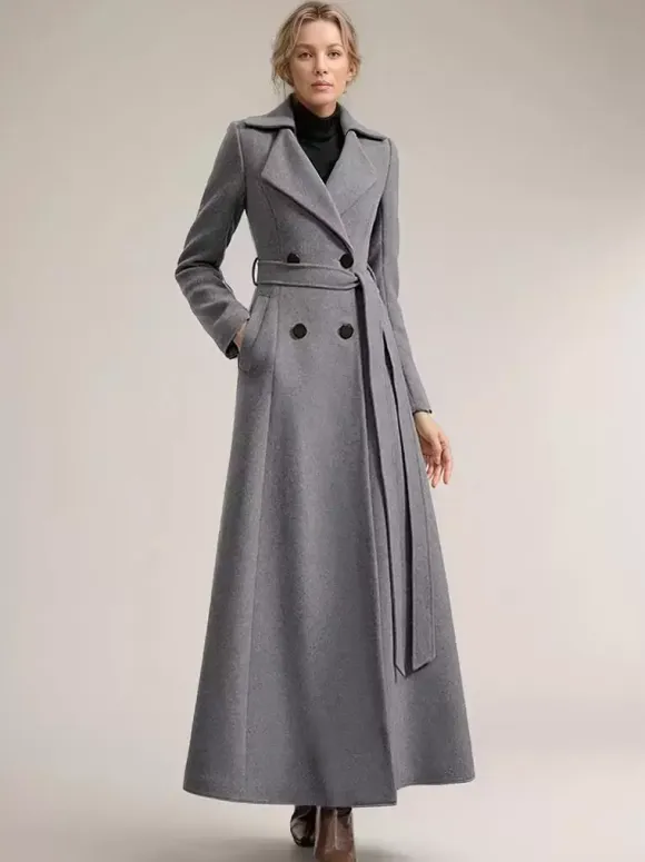 Full-length Woolen Coat For Women Wide Notched Lapel Double-breasted Belted Winter Outerwear In Solid Color 2026