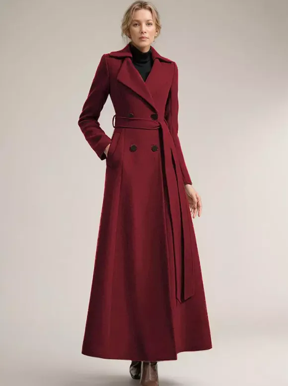 Full-length Woolen Coat For Women Wide Notched Lapel Double-breasted Belted Winter Outerwear In Solid Color 2026
