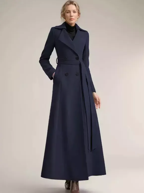 Full-length Woolen Coat For Women Wide Notched Lapel Double-breasted Belted Winter Outerwear In Solid Color 2026
