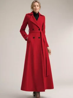 Full-length Woolen Coat For Women Wide Notched Lapel Double-breasted Belted Winter Outerwear In Solid Color 2026