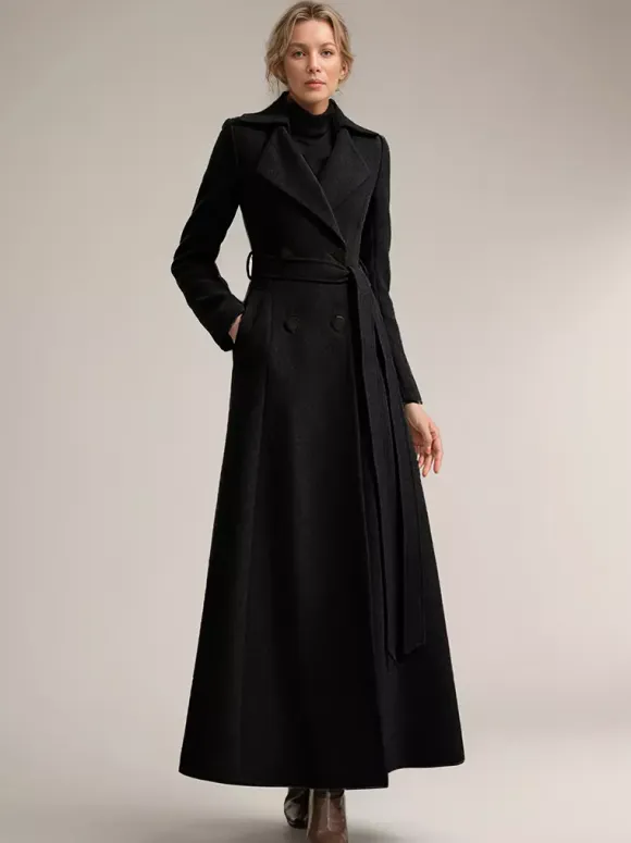 Full-length Woolen Coat For Women Wide Notched Lapel Double-breasted Belted Winter Outerwear In Solid Color 2026