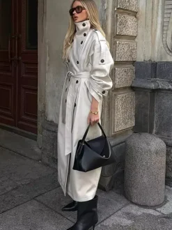 Funnel Neck Trench Coat For Women - Cream Double Breasted Drop Shoulder Belted Overcoat - Spring Office-to-dinner Outerwear 2026