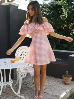 Gingham Off Shoulder Mini Dress For Women - Pink Cottagecore Ruffle Skater Dress - Summer Picnic Party 2026