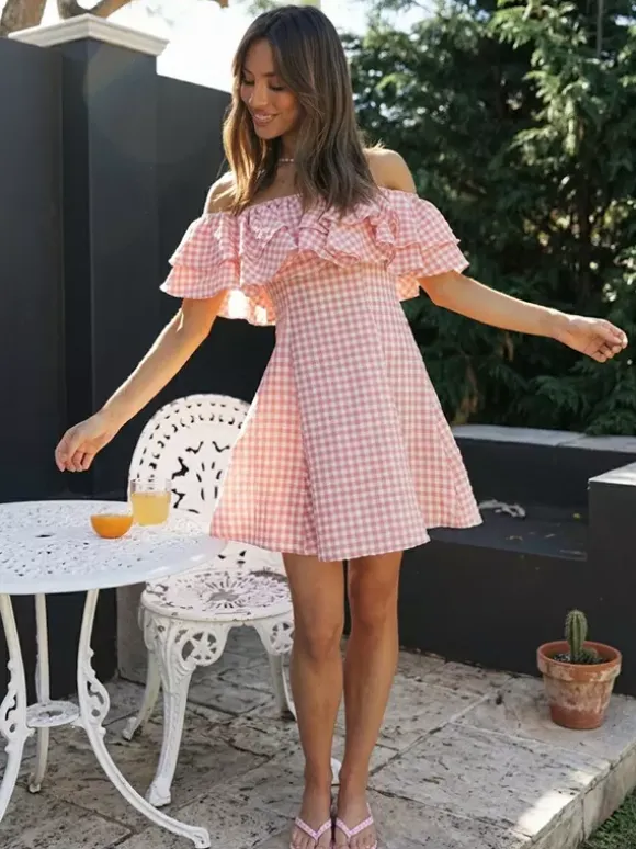 Gingham Off Shoulder Mini Dress For Women - Pink Cottagecore Ruffle Skater Dress - Summer Picnic Party 2026