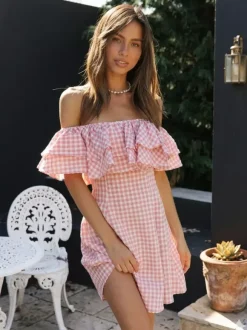 Gingham Off Shoulder Mini Dress For Women - Pink Cottagecore Ruffle Skater Dress - Summer Picnic Party 2026