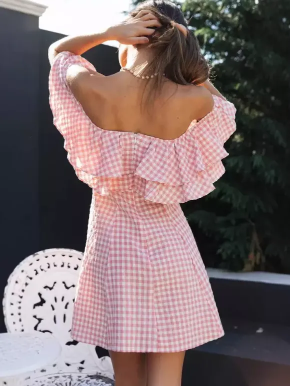 Gingham Off Shoulder Mini Dress For Women - Pink Cottagecore Ruffle Skater Dress - Summer Picnic Party 2026