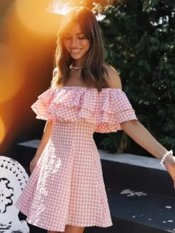 Gingham Off Shoulder Mini Dress For Women - Pink Cottagecore Ruffle Skater Dress - Summer Picnic Party 2026