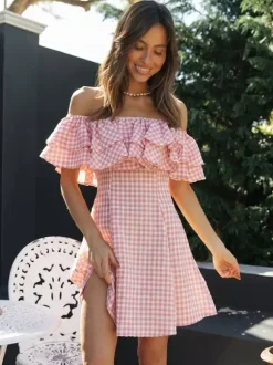 Gingham Off Shoulder Mini Dress For Women - Pink Cottagecore Ruffle Skater Dress - Summer Picnic Party 2026