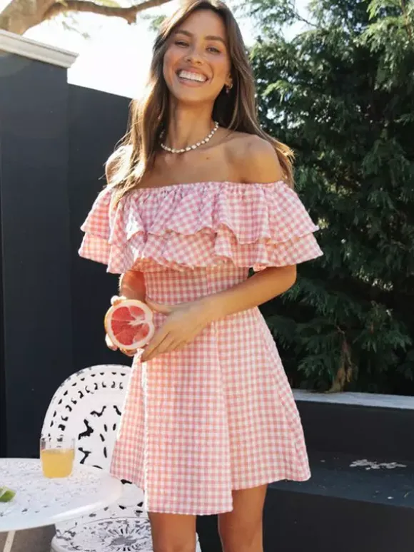 Gingham Off Shoulder Mini Dress For Women - Pink Cottagecore Ruffle Skater Dress - Summer Picnic Party 2026
