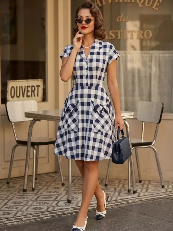 Gingham Vintage Dress Short Sleeve Hepburn Style A-line Midi Dress For Women 2026