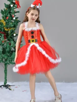 Girl's Christmas Set Red Dress Cloak Hat Polyester Christmas Holidays Costumes