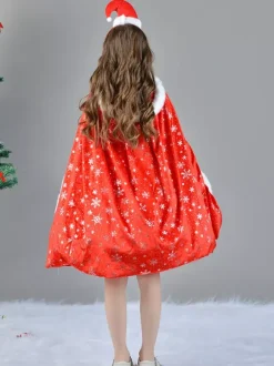 Girl's Christmas Set Red Dress Cloak Hat Polyester Christmas Holidays Costumes