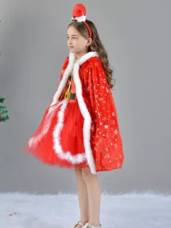 Girl's Christmas Set Red Dress Cloak Hat Polyester Christmas Holidays Costumes