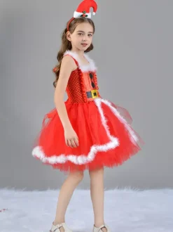 Girl's Christmas Set Red Dress Cloak Hat Polyester Christmas Holidays Costumes