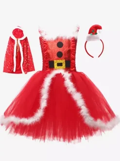 Girl's Christmas Set Red Dress Cloak Hat Polyester Christmas Holidays Costumes