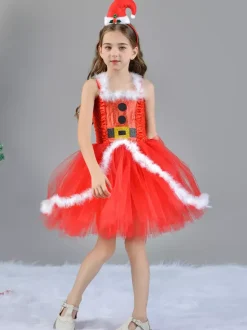 Girl's Christmas Set Red Dress Cloak Hat Polyester Christmas Holidays Costumes