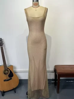 Glamorous Sparkle Square Neck Bodycon Mermaid Maxi Dress For Women 2026