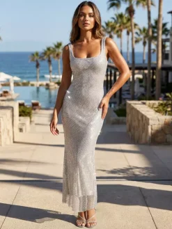 Glamorous Sparkle Square Neck Bodycon Mermaid Maxi Dress For Women 2026