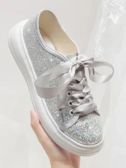 Glitter Flat Wedding Shoes Round Toe Lace Up Bridal Shoes